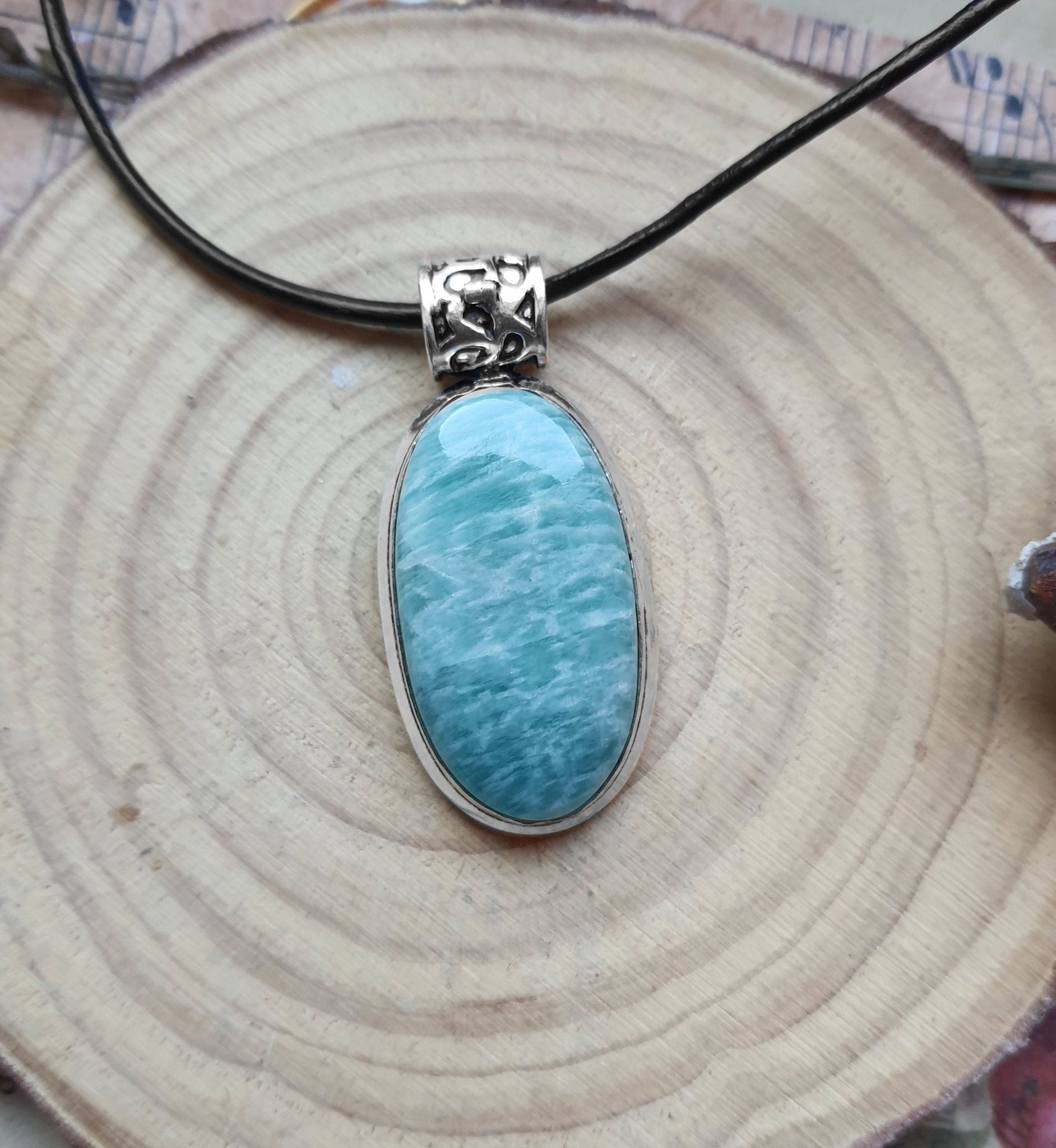 Blue Amazonite Sterling Silver Pendant Necklace - Boho Stone Jewelry - LunarGem - 
