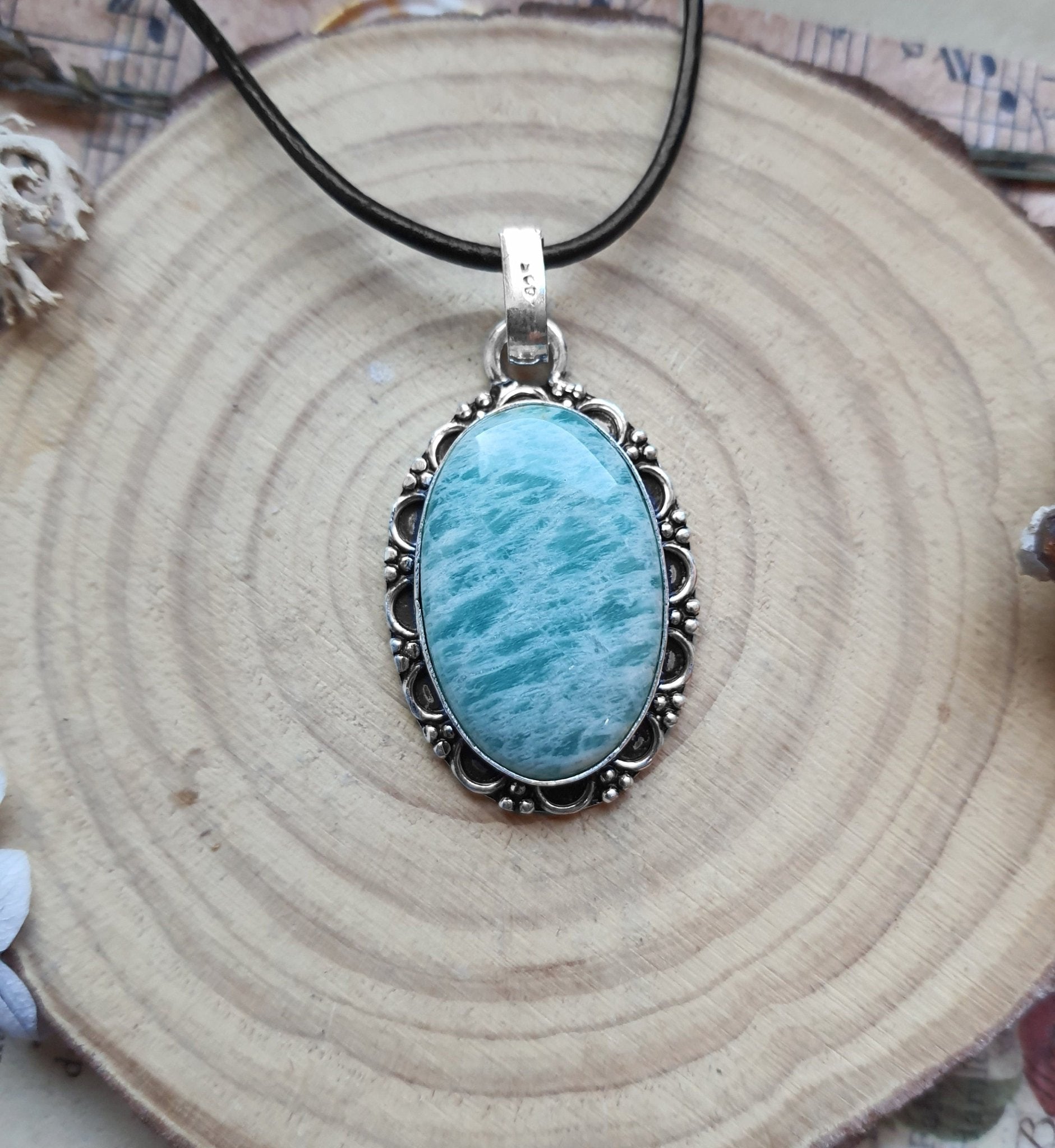 Blue Amazonite Sterling Silver Pendant Necklace: Boho Stone Jewelry - LunarGem - 