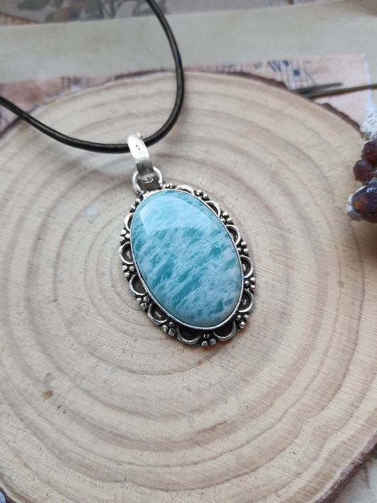 Blue Amazonite Sterling Silver Pendant Necklace: Boho Stone Jewelry - LunarGem - 