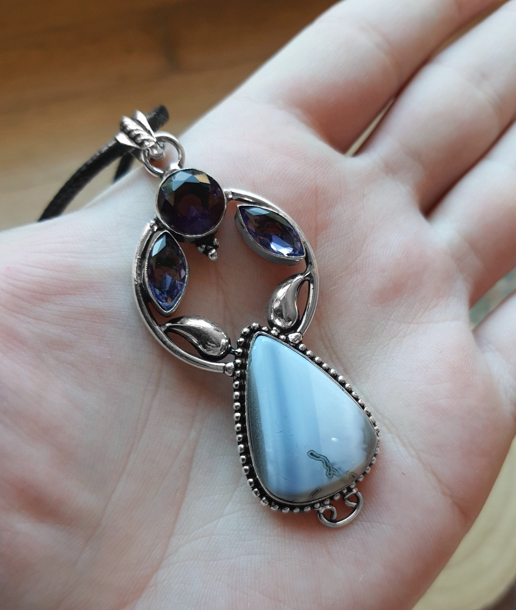 Blue Owyhee Opal Sterling Silver Pendant: Boho Statement Necklace - LunarGem - 
