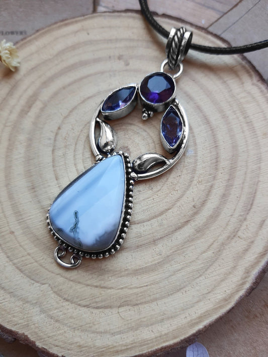 Blue Owyhee Opal Sterling Silver Pendant: Boho Statement Necklace - LunarGem - 