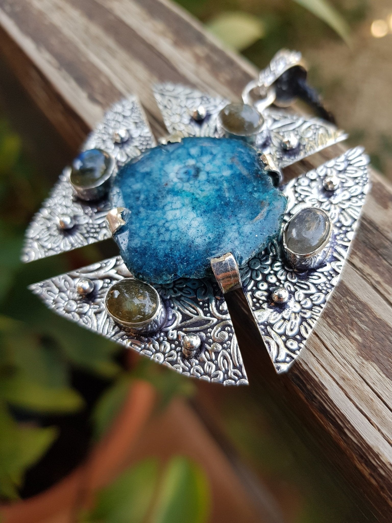 Blue Solar Agate And Labradorite Statement Pendant In Sterling Silver - LunarGem - 