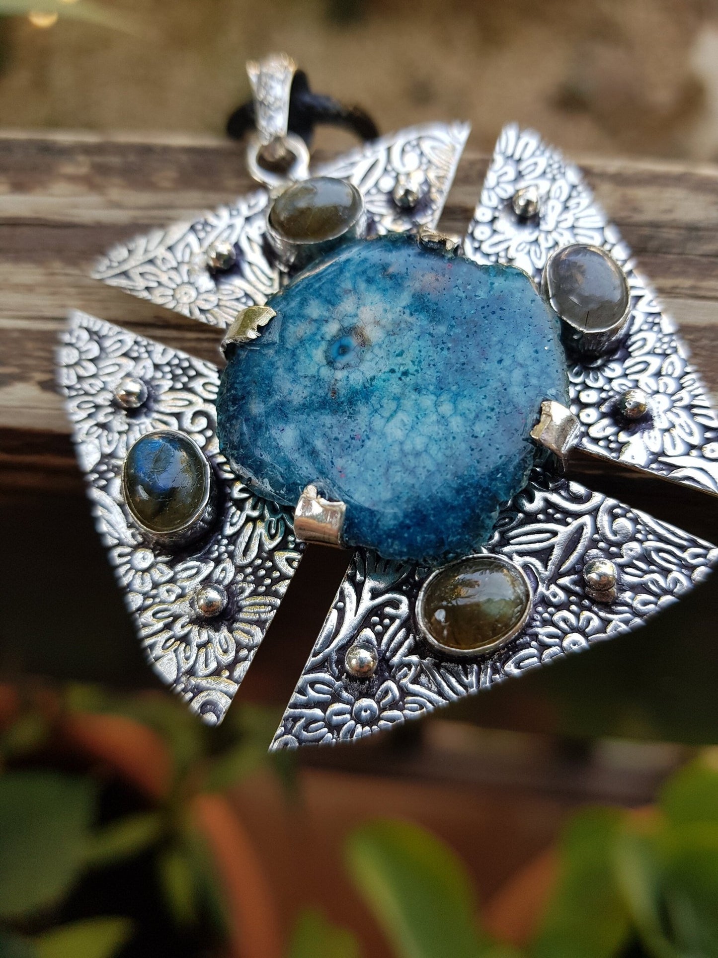 Blue Solar Agate And Labradorite Statement Pendant In Sterling Silver - LunarGem - 