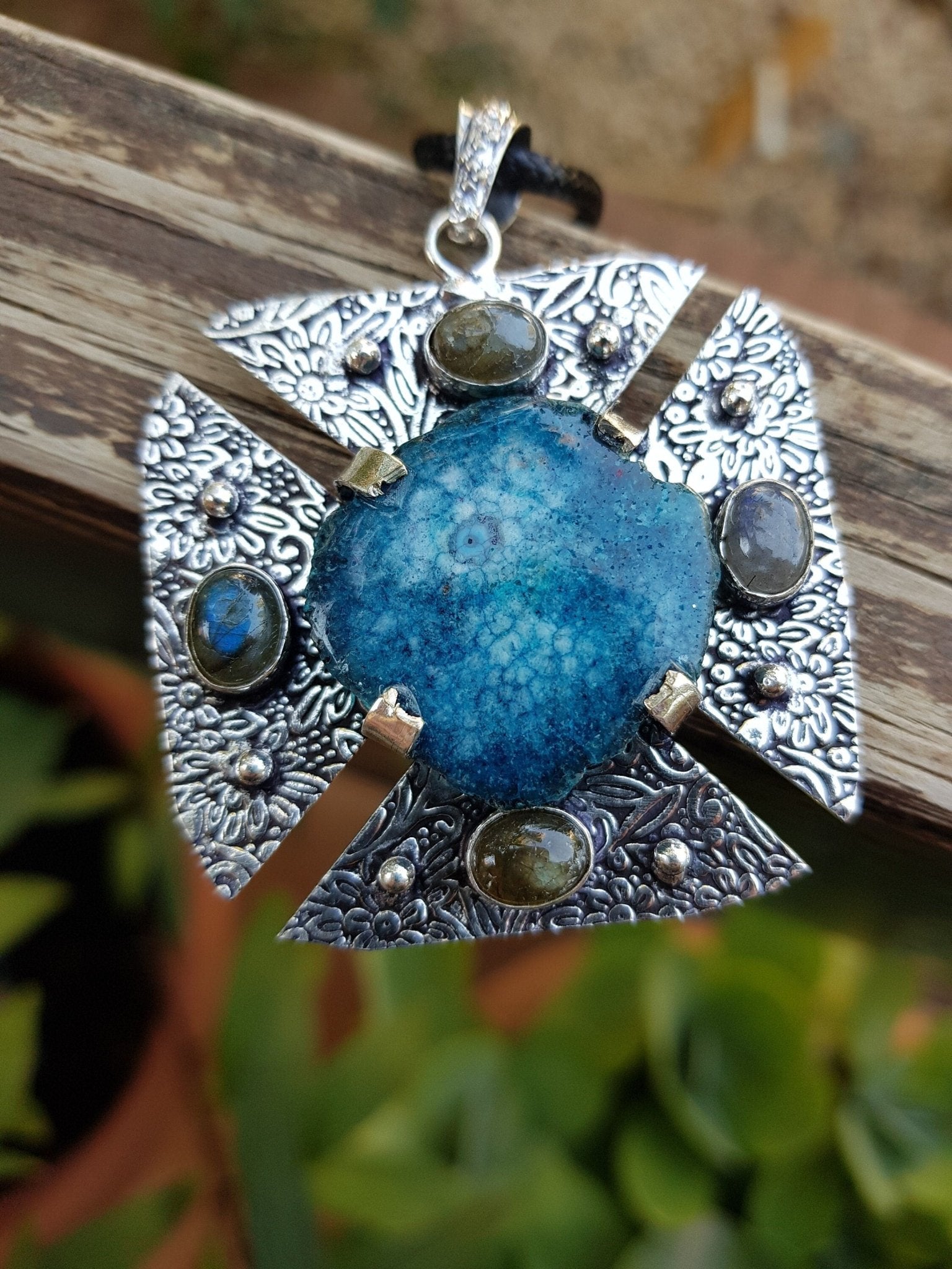 Blue Solar Agate And Labradorite Statement Pendant In Sterling Silver - LunarGem - 