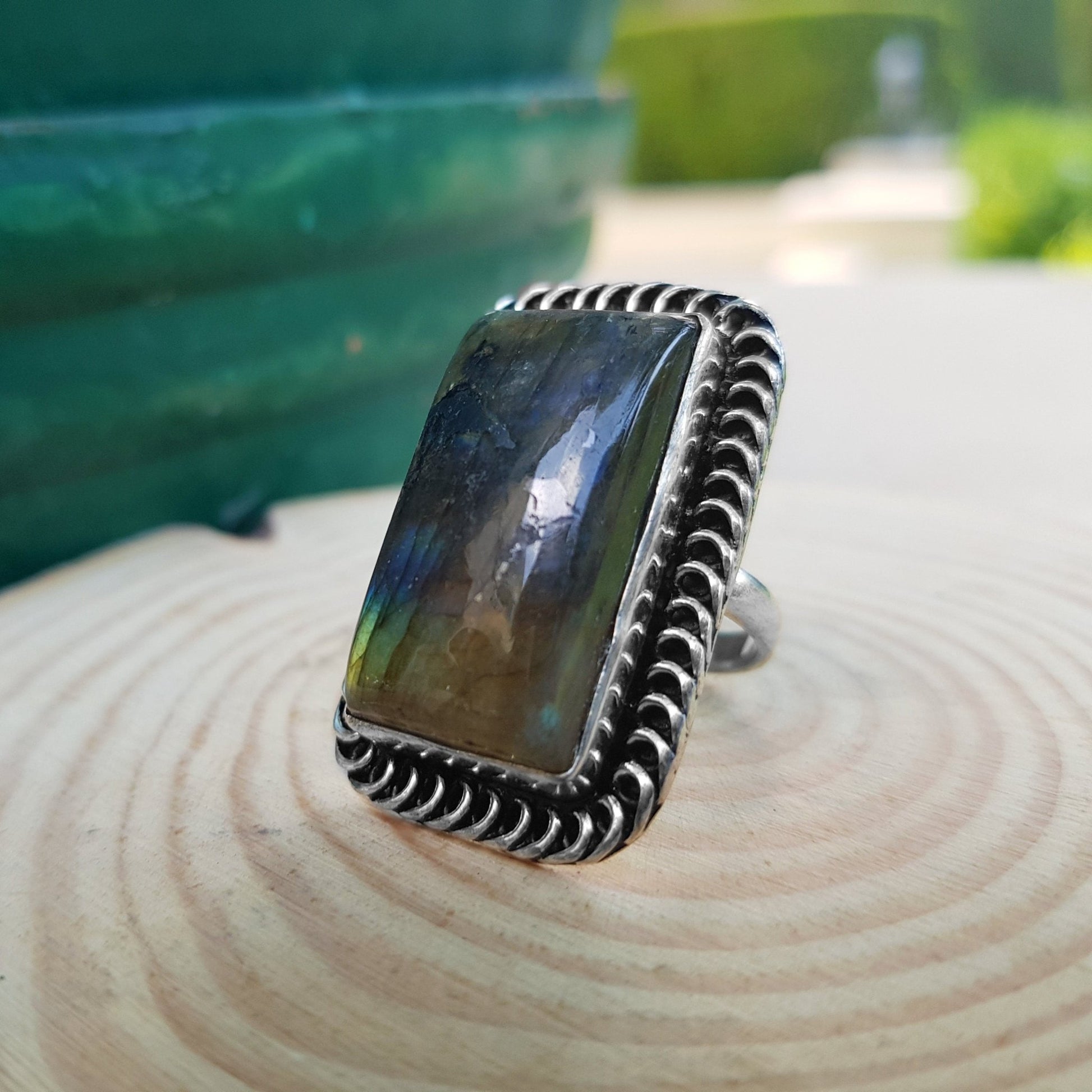 Boho Labradorite Ring, US Size 7 3/4, Sterling Silver - LunarGem - 
