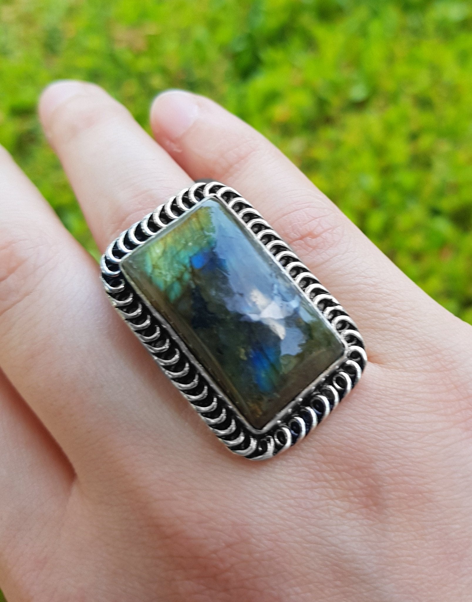 Boho Labradorite Ring, US Size 7 3/4, Sterling Silver - LunarGem - 
