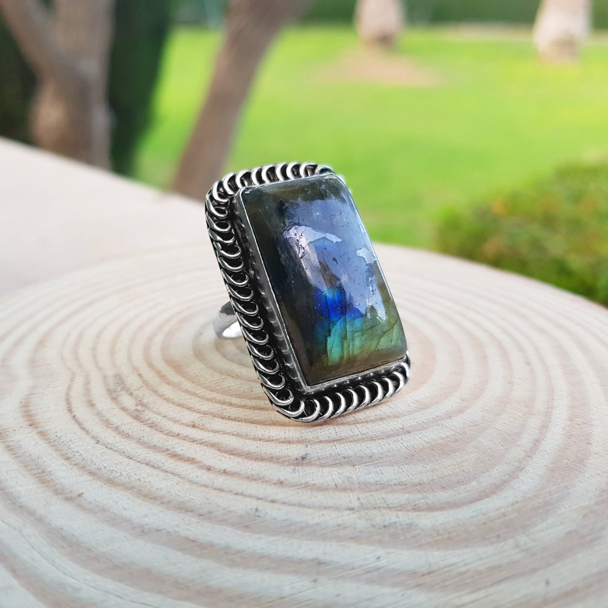 Boho Labradorite Ring, US Size 7 3/4, Sterling Silver - LunarGem - 