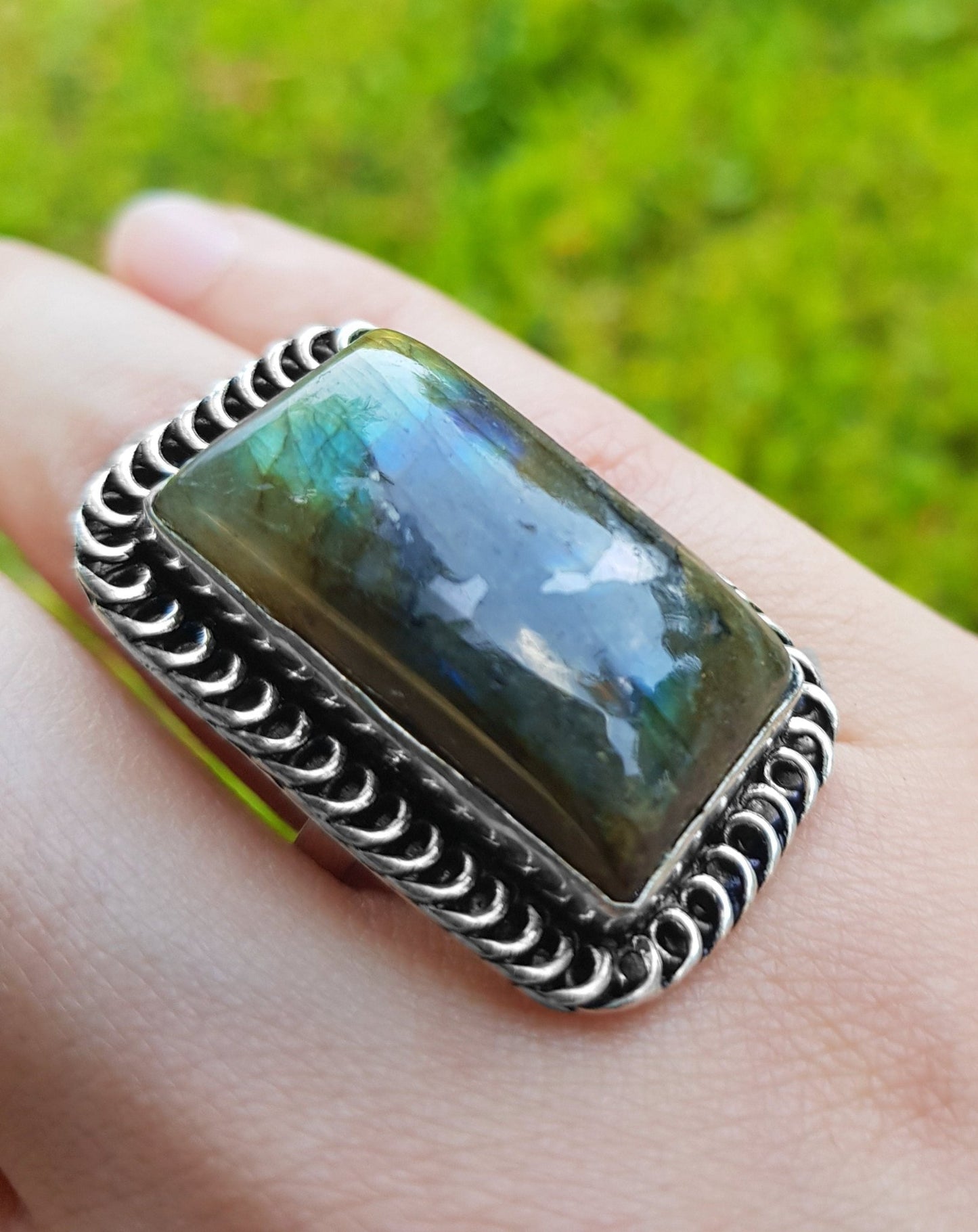 Boho Labradorite Ring, US Size 7 3/4, Sterling Silver - LunarGem - 