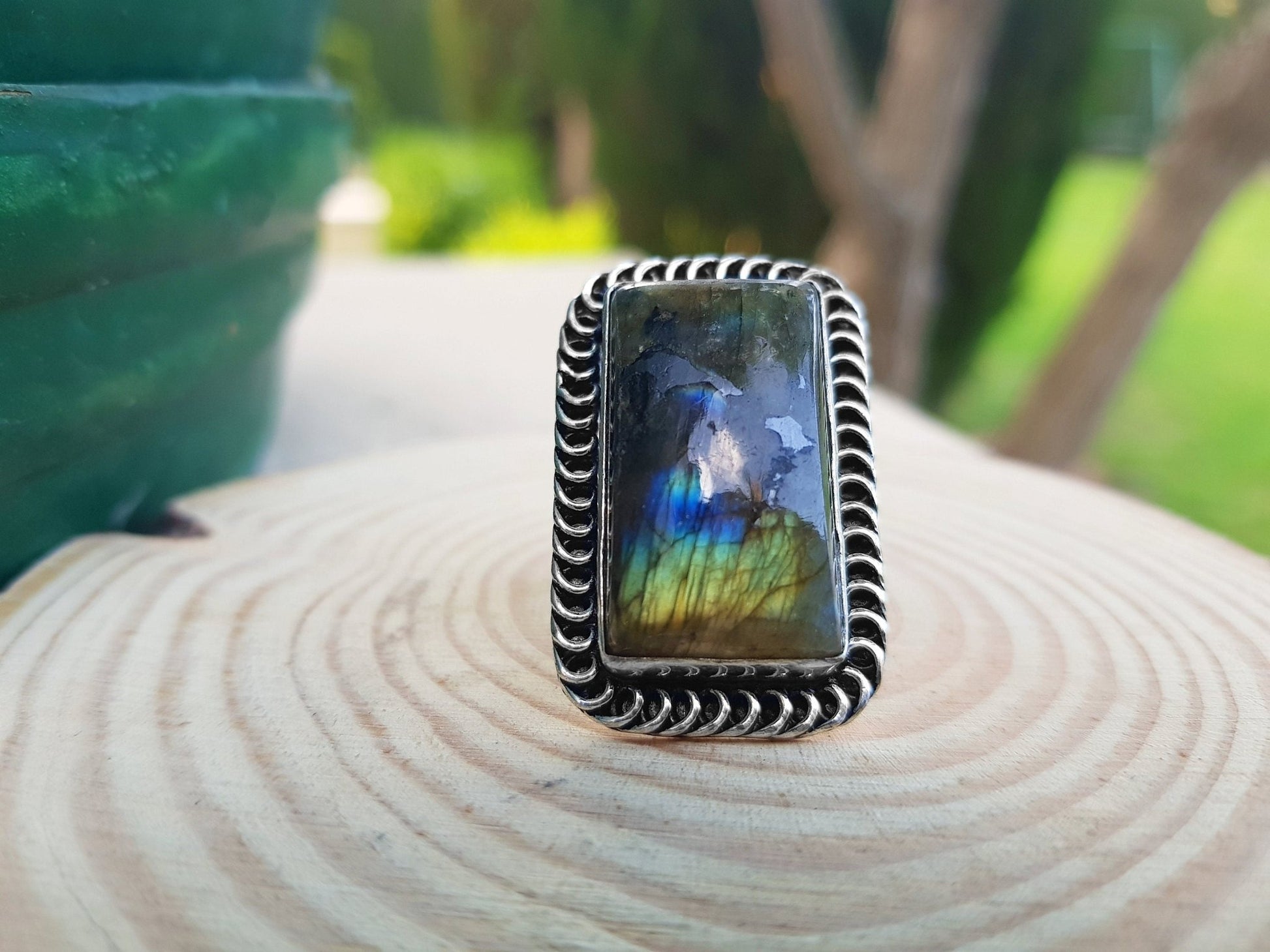 Boho Labradorite Ring, US Size 7 3/4, Sterling Silver - LunarGem - 