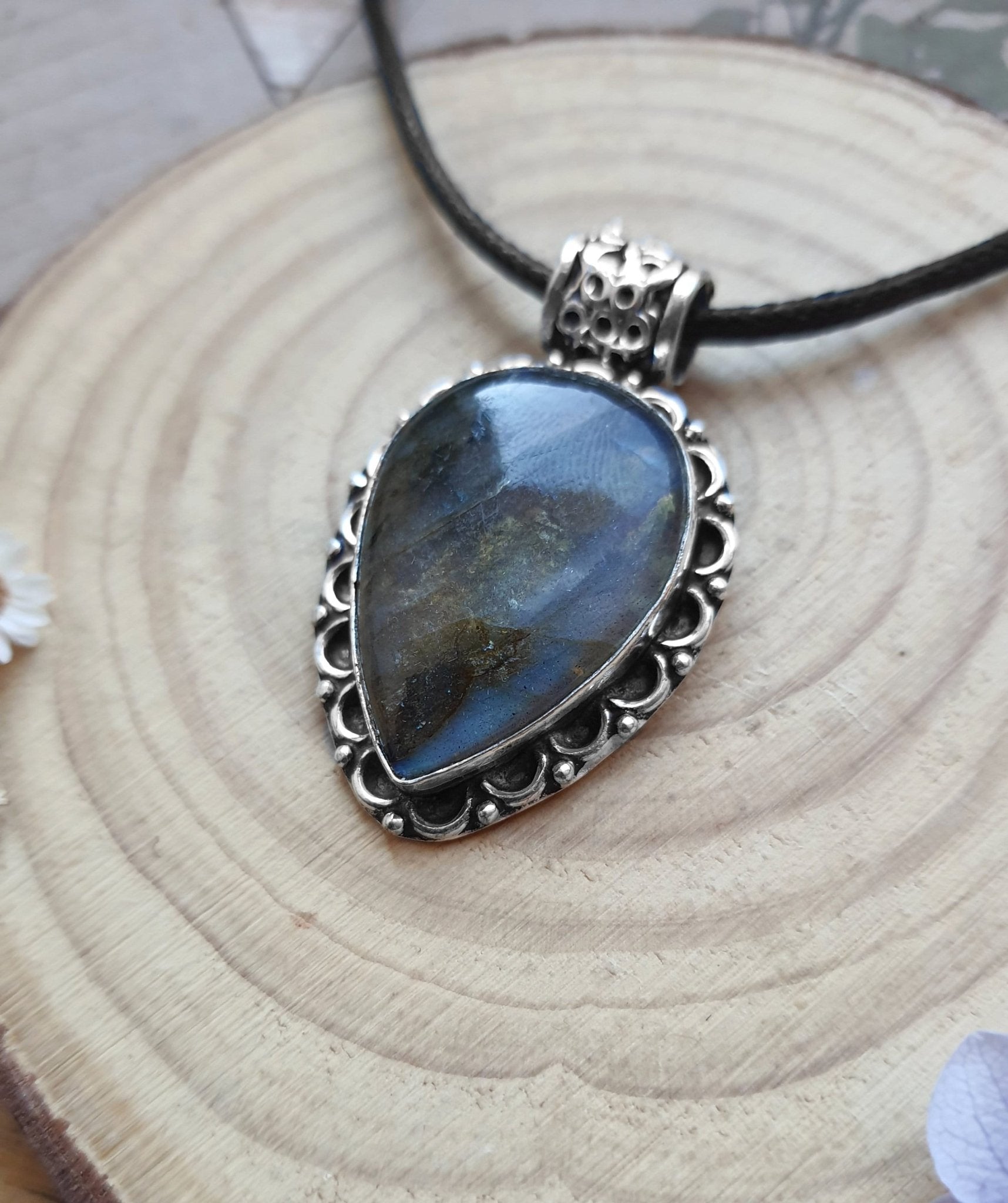 Boho Labradorite Sterling Silver Pendant, Adjustable Cord - LunarGem - 