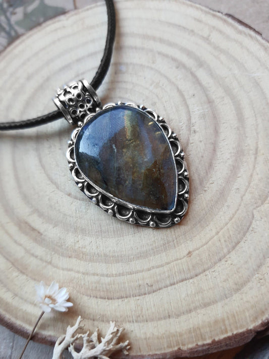 Boho Labradorite Sterling Silver Pendant, Adjustable Cord - LunarGem - 