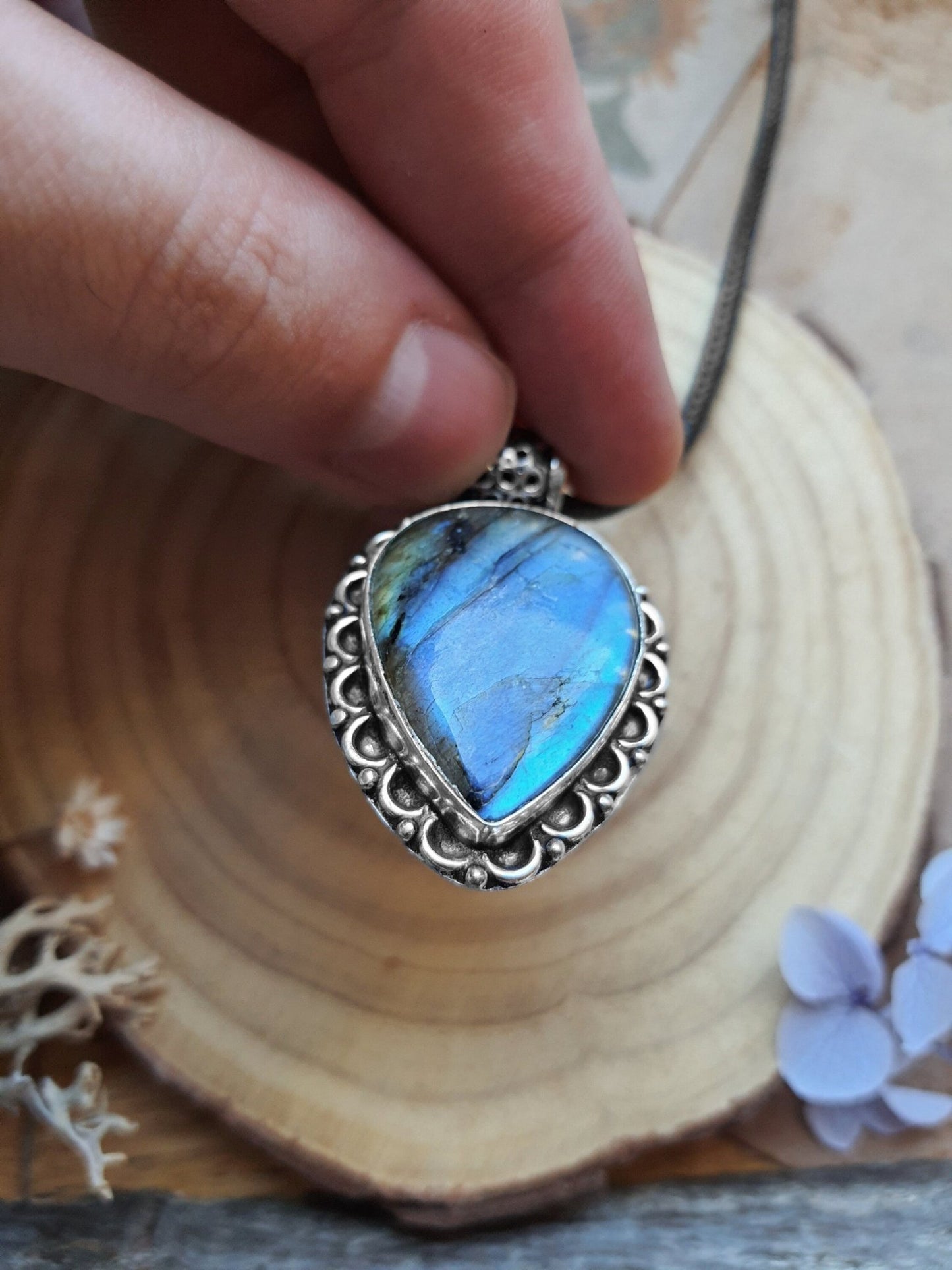 Boho Labradorite Sterling Silver Pendant, Adjustable Cord - LunarGem - 