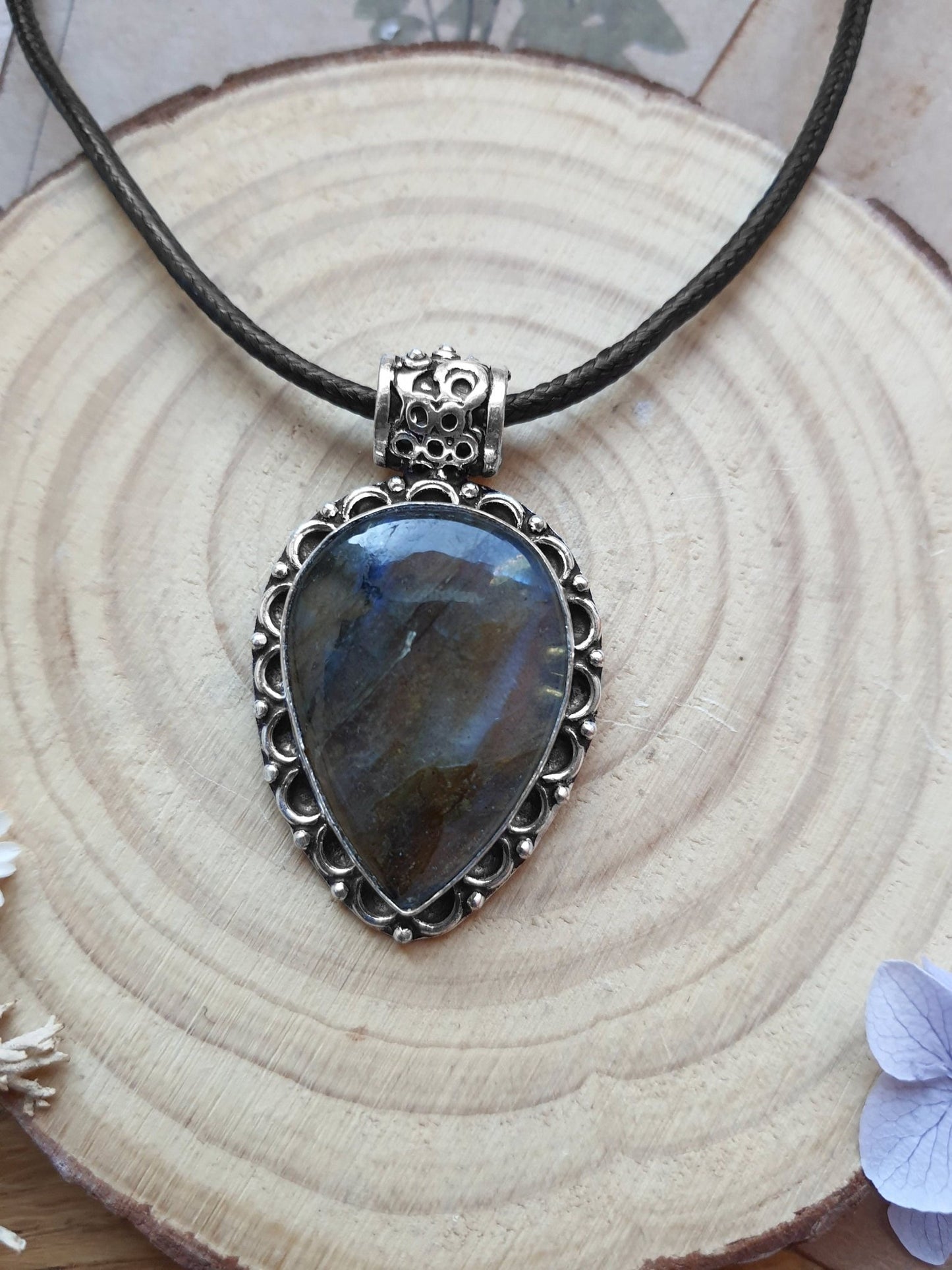 Boho Labradorite Sterling Silver Pendant, Adjustable Cord - LunarGem - 