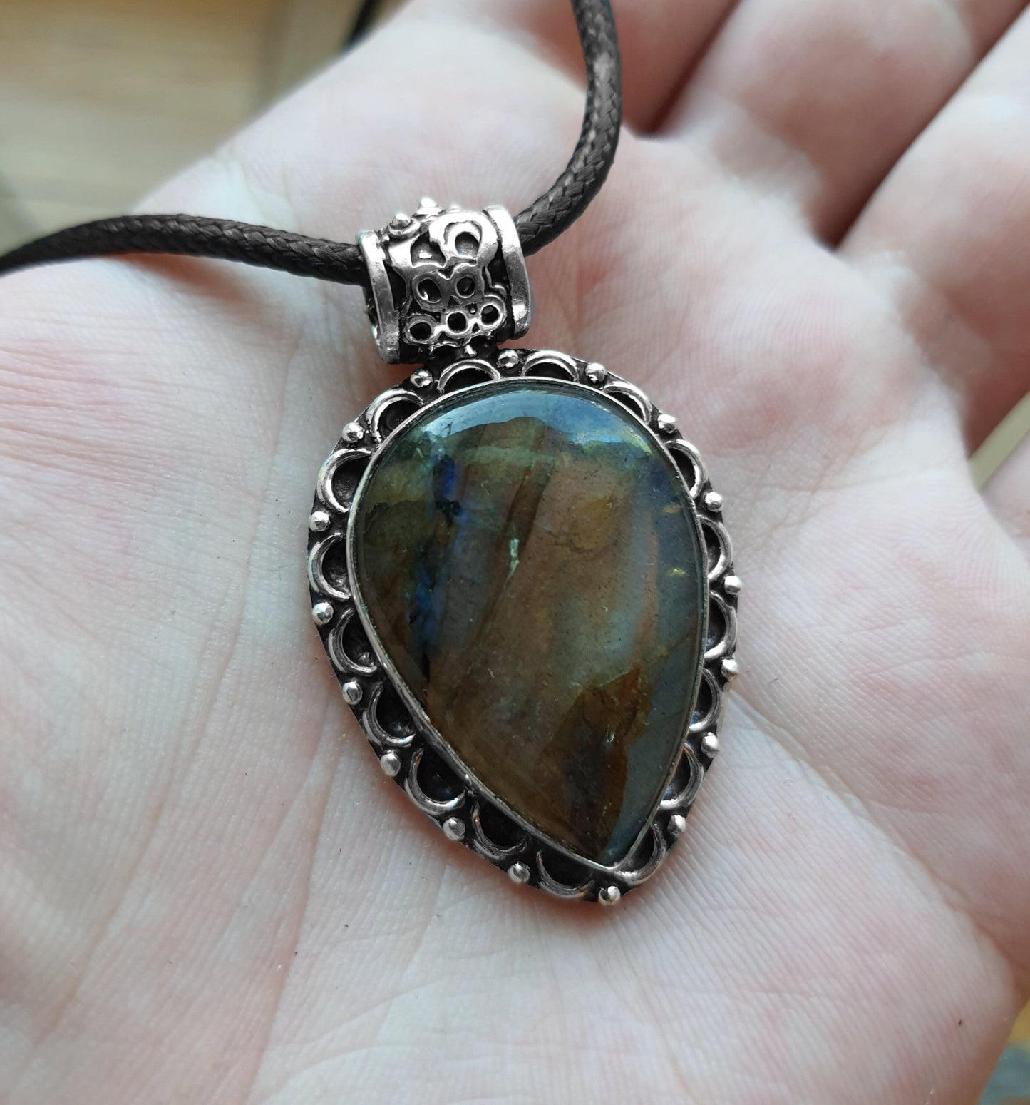 Boho Labradorite Sterling Silver Pendant, Adjustable Cord - LunarGem - 