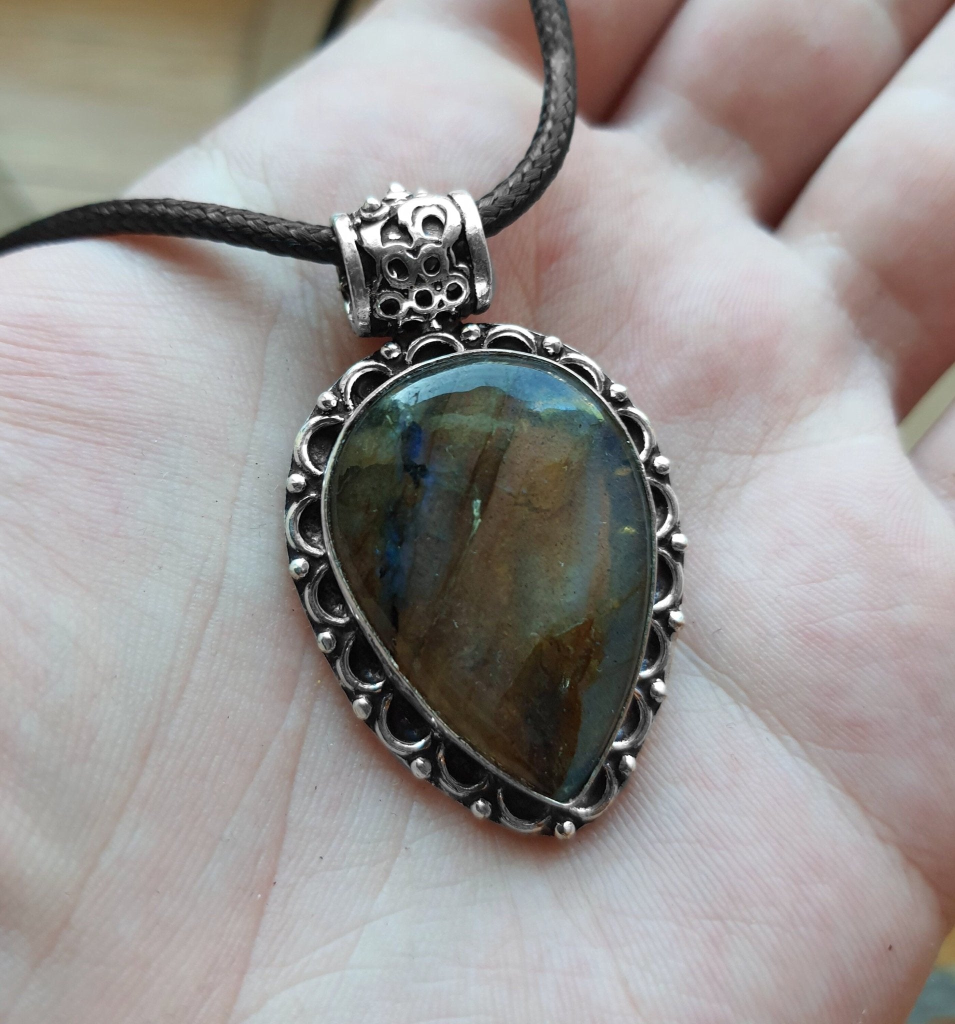 Boho Labradorite Sterling Silver Pendant, Adjustable Cord - LunarGem - 