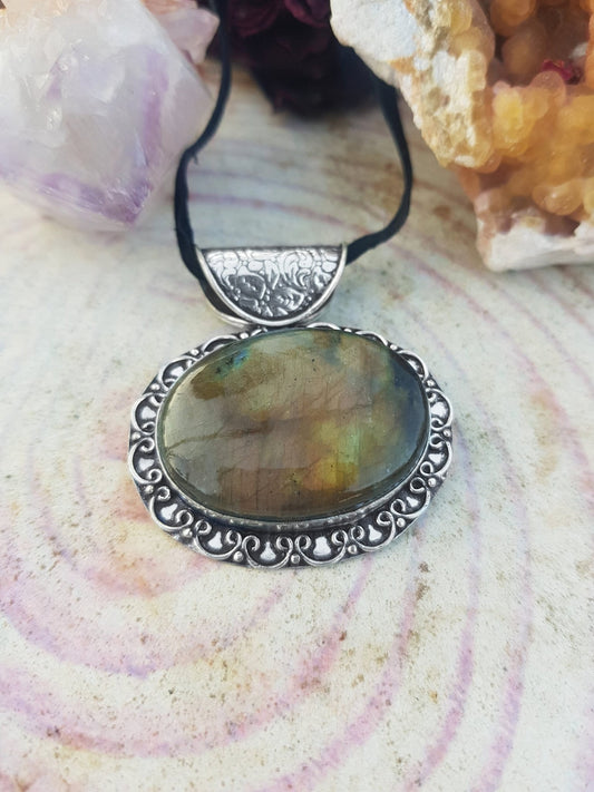 Boho Labradorite Sterling Silver Pendant: Adjustable Faux Leather Cord - LunarGem - 