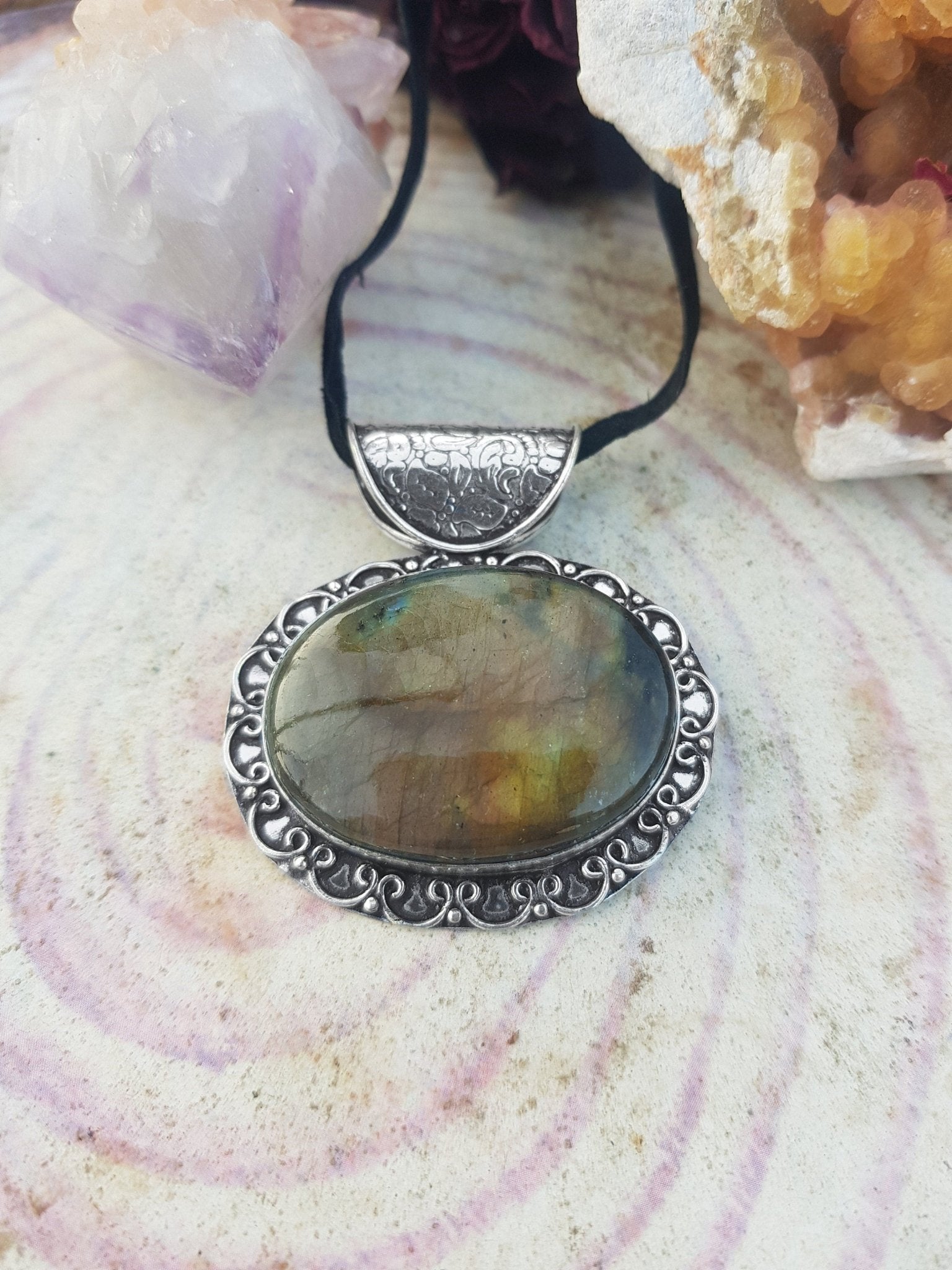 Boho Labradorite Sterling Silver Pendant: Adjustable Faux Leather Cord - LunarGem - 