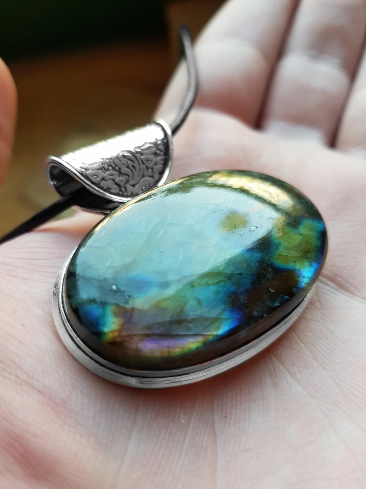 Boho Labradorite Sterling Silver Pendant, Adjustable Faux Leather Cord - LunarGem - 