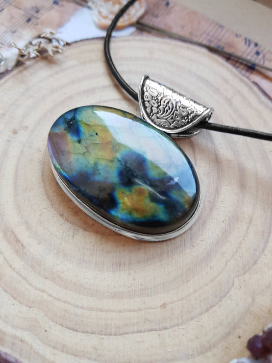 Boho Labradorite Sterling Silver Pendant, Adjustable Faux Leather Cord - LunarGem - 