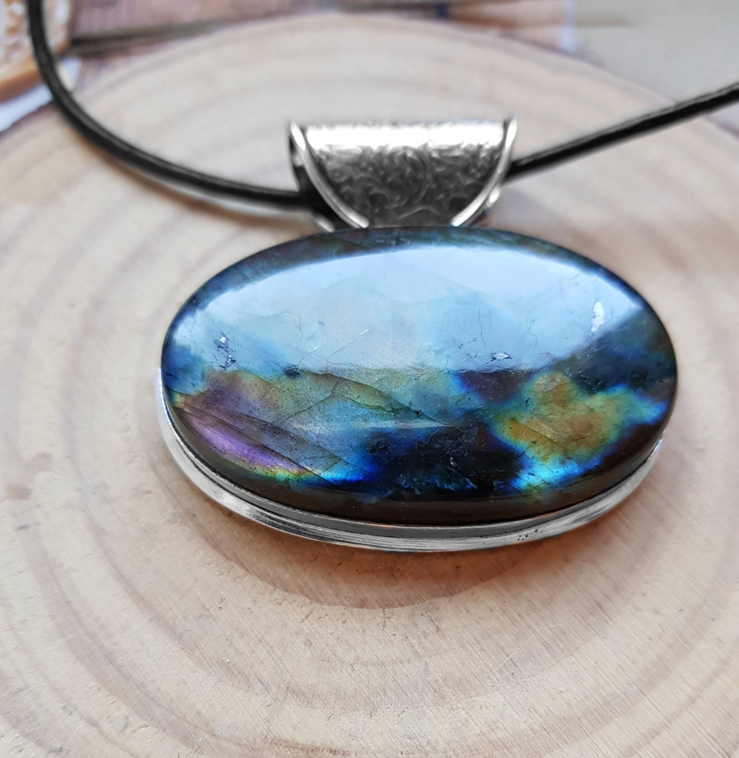 Boho Labradorite Sterling Silver Pendant, Adjustable Faux Leather Cord - LunarGem - 