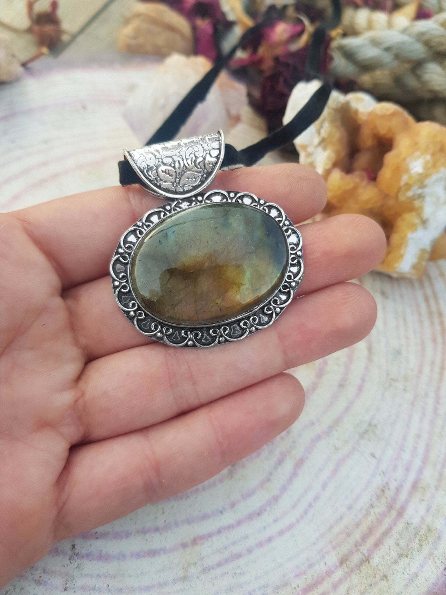 Boho Labradorite Sterling Silver Pendant: Adjustable Faux Leather Cord - LunarGem - 