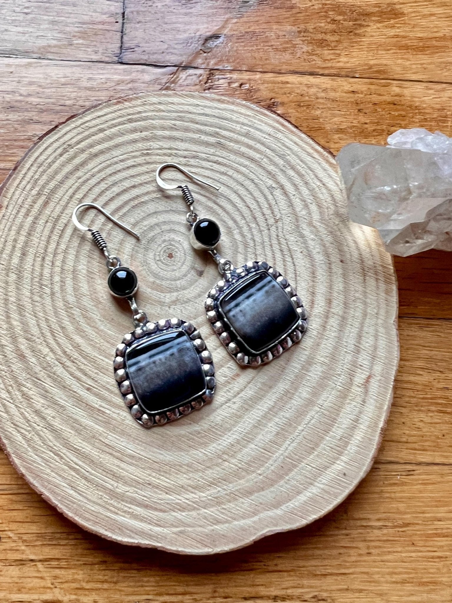 Botswana Agate And Dark Amethyst Statement Earring Long Dangle Earrings - LunarGem - 