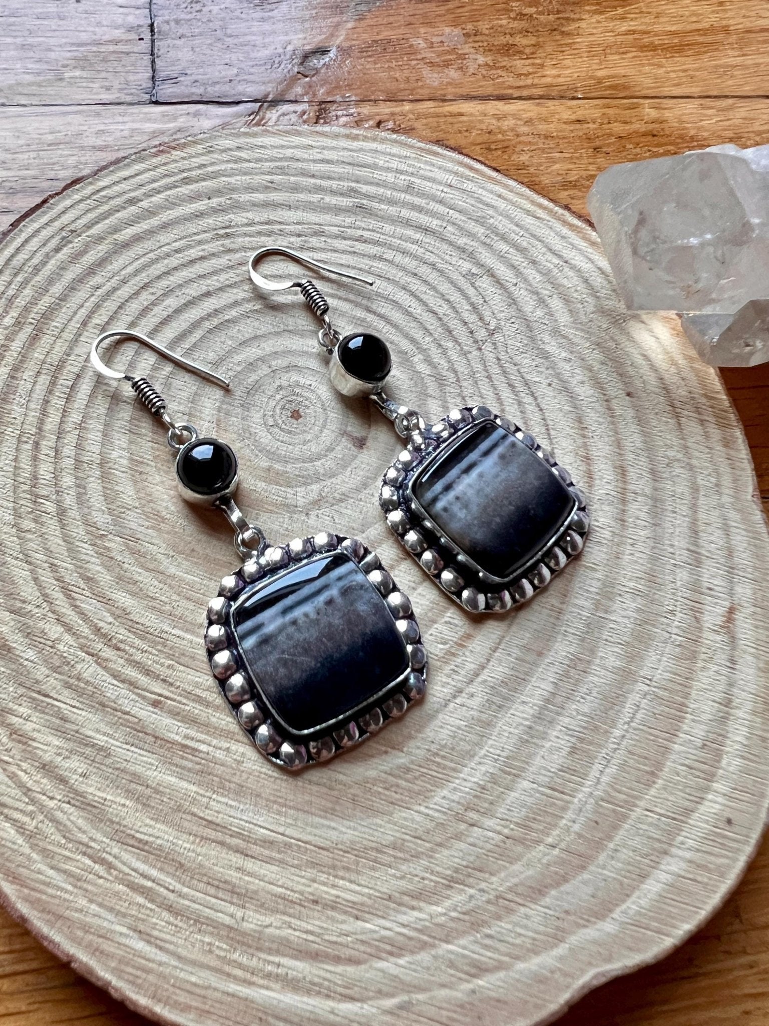 Botswana Agate And Dark Amethyst Statement Earring Long Dangle Earrings - LunarGem - 