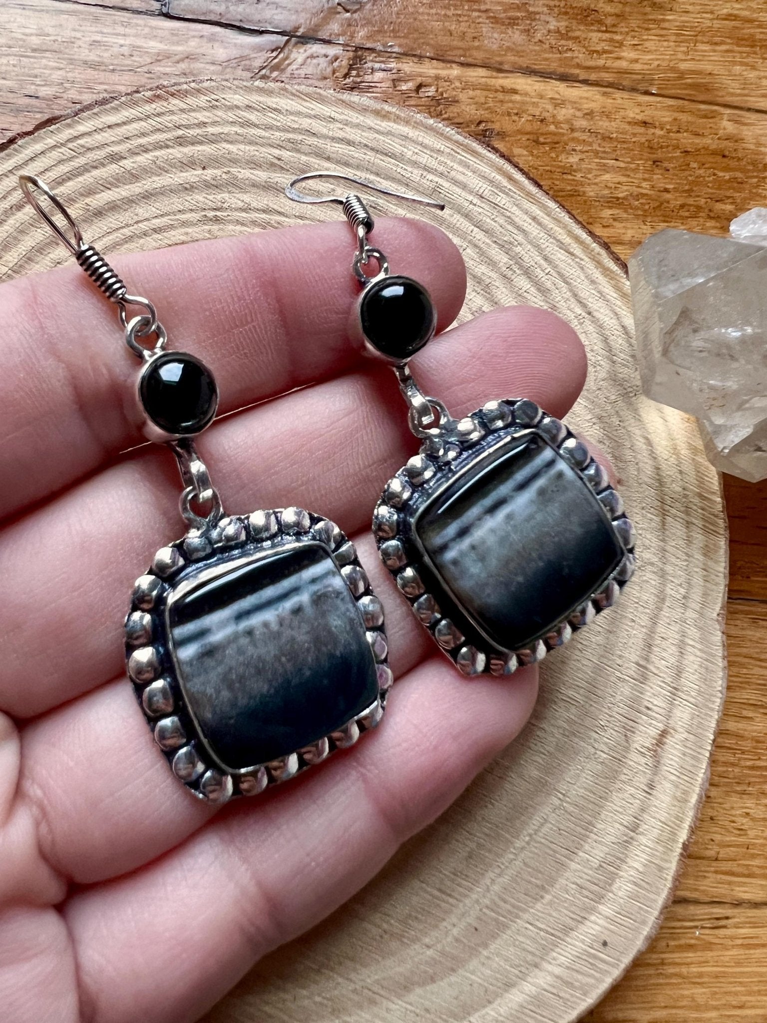 Botswana Agate And Dark Amethyst Statement Earring Long Dangle Earrings - LunarGem - 