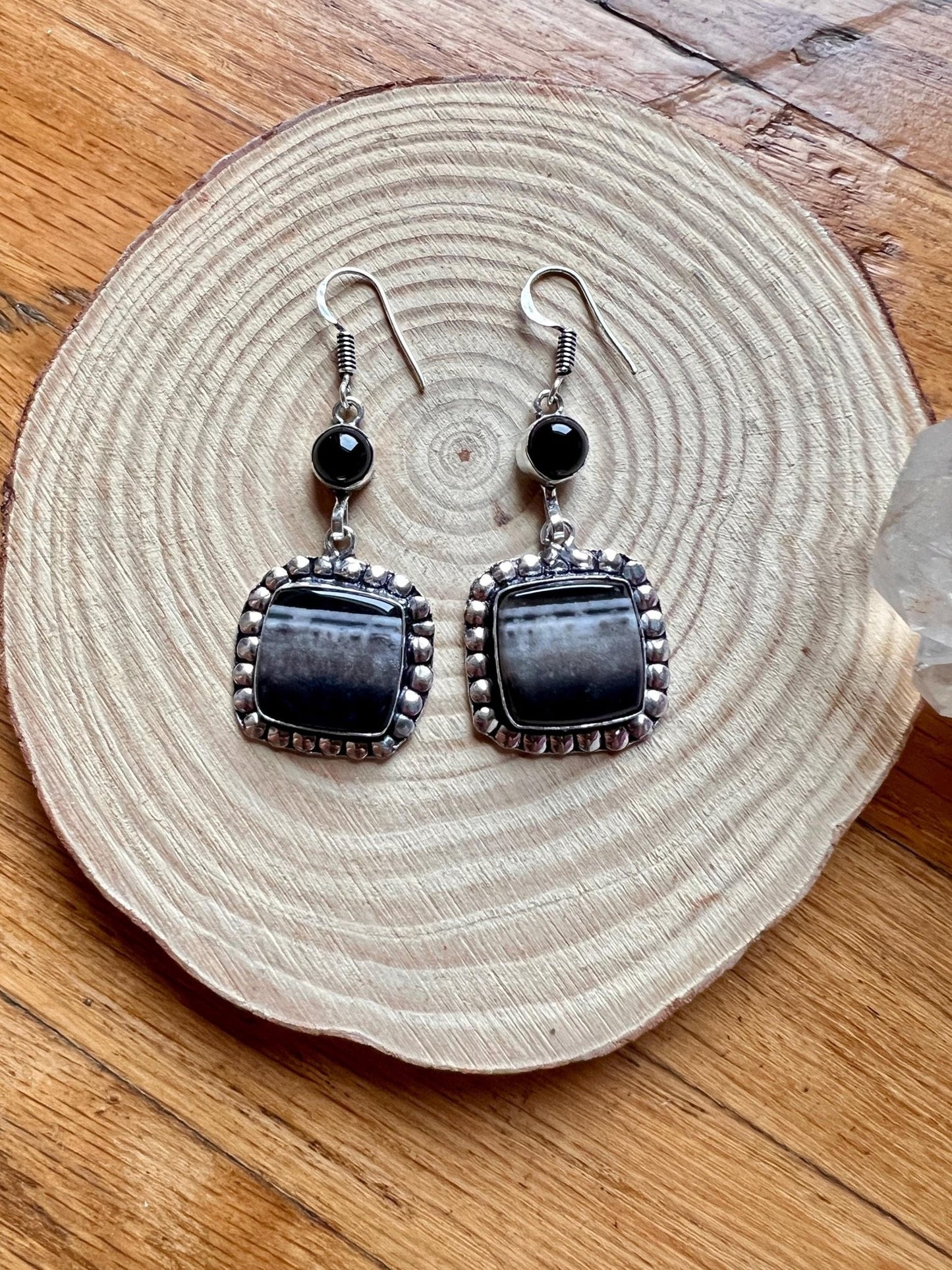 Botswana Agate And Dark Amethyst Statement Earring Long Dangle Earrings - LunarGem - 