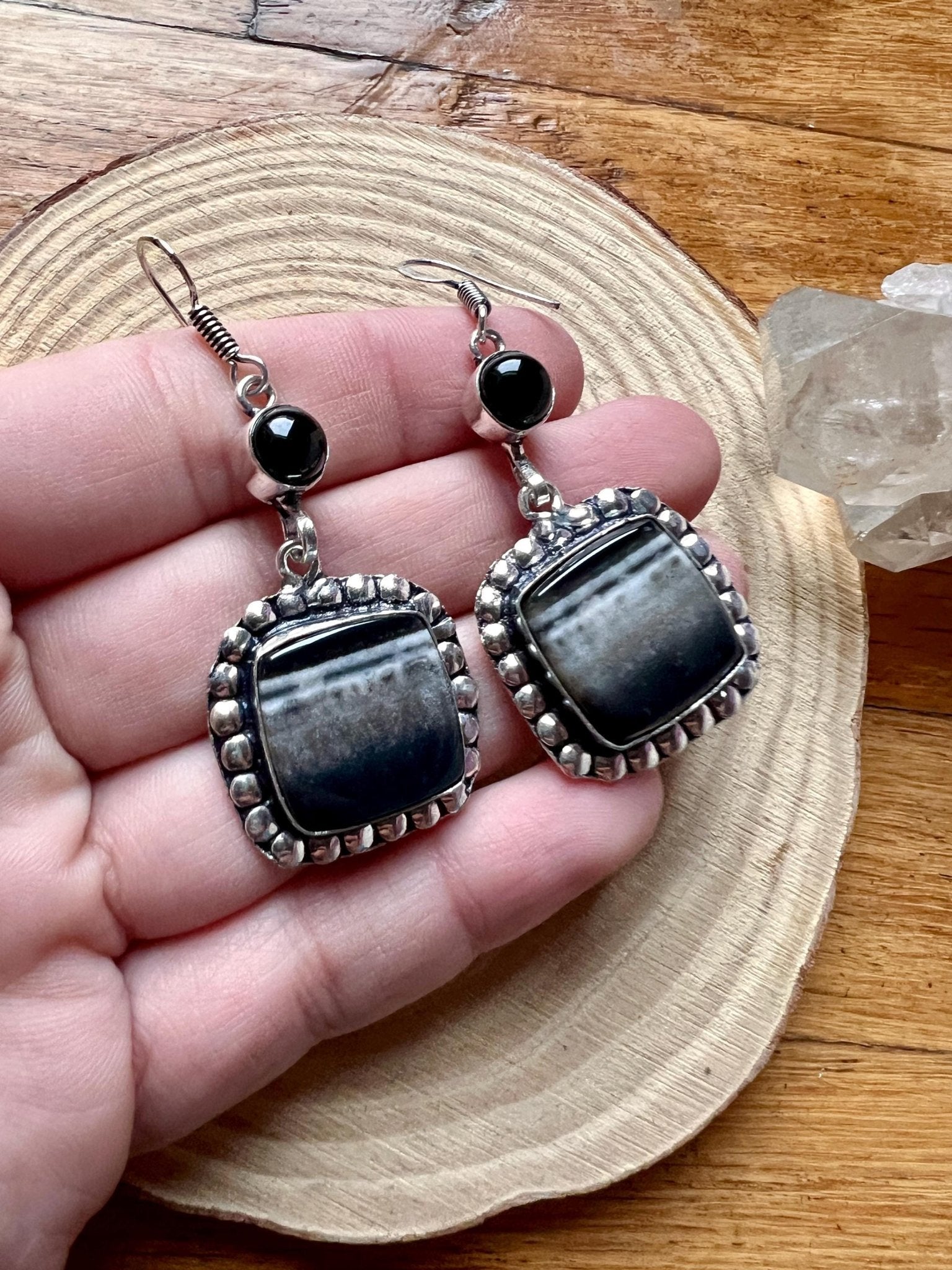 Botswana Agate And Dark Amethyst Statement Earring Long Dangle Earrings - LunarGem - 