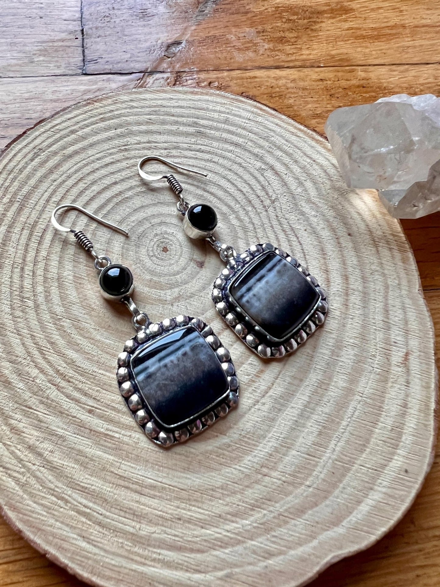 Botswana Agate And Dark Amethyst Statement Earring Long Dangle Earrings - LunarGem - 