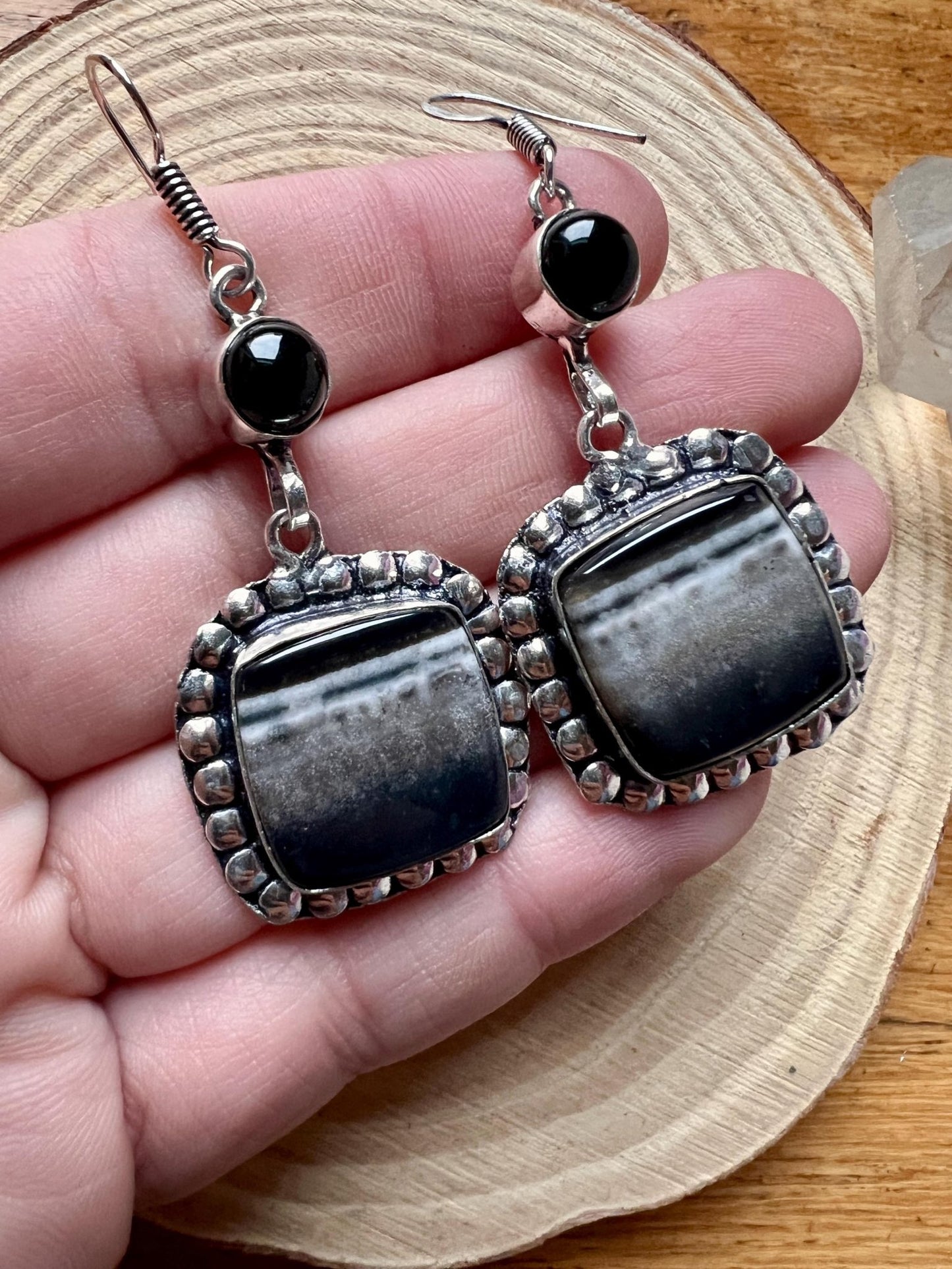 Botswana Agate And Dark Amethyst Statement Earring Long Dangle Earrings - LunarGem - 