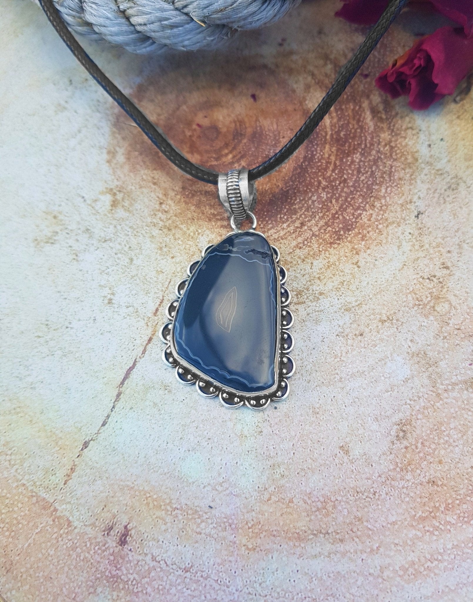 Botswana Agate Sterling Silver Pendant Necklace, Unique Boho Crystal - LunarGem - 