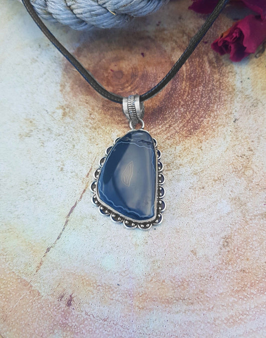 Botswana Agate Sterling Silver Pendant Necklace, Unique Boho Crystal - LunarGem - 
