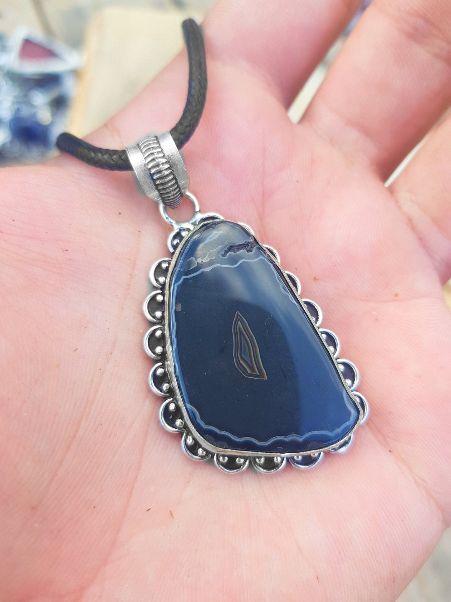 Botswana Agate Sterling Silver Pendant Necklace, Unique Boho Crystal - LunarGem - 