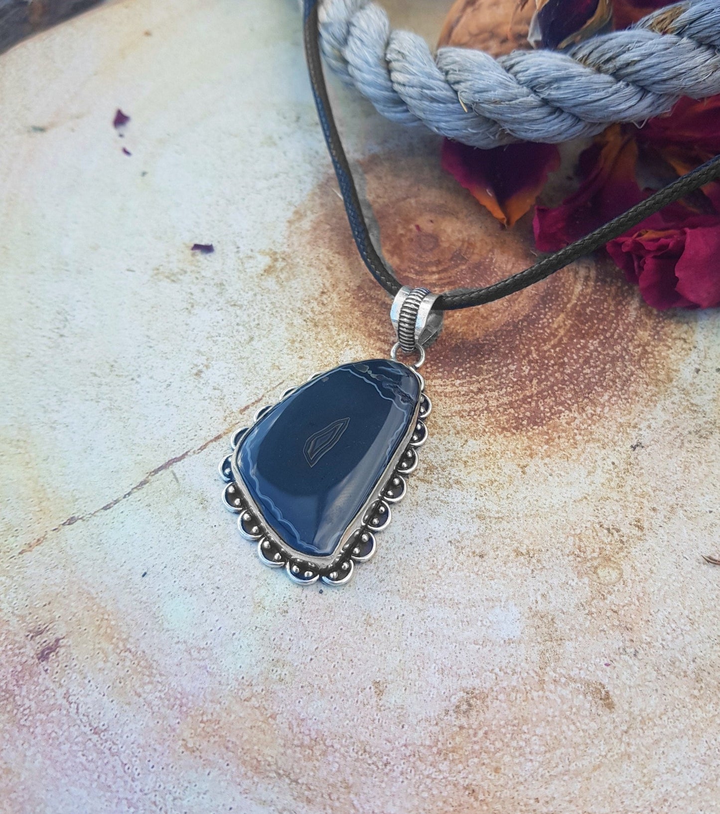 Botswana Agate Sterling Silver Pendant Necklace, Unique Boho Crystal - LunarGem - 