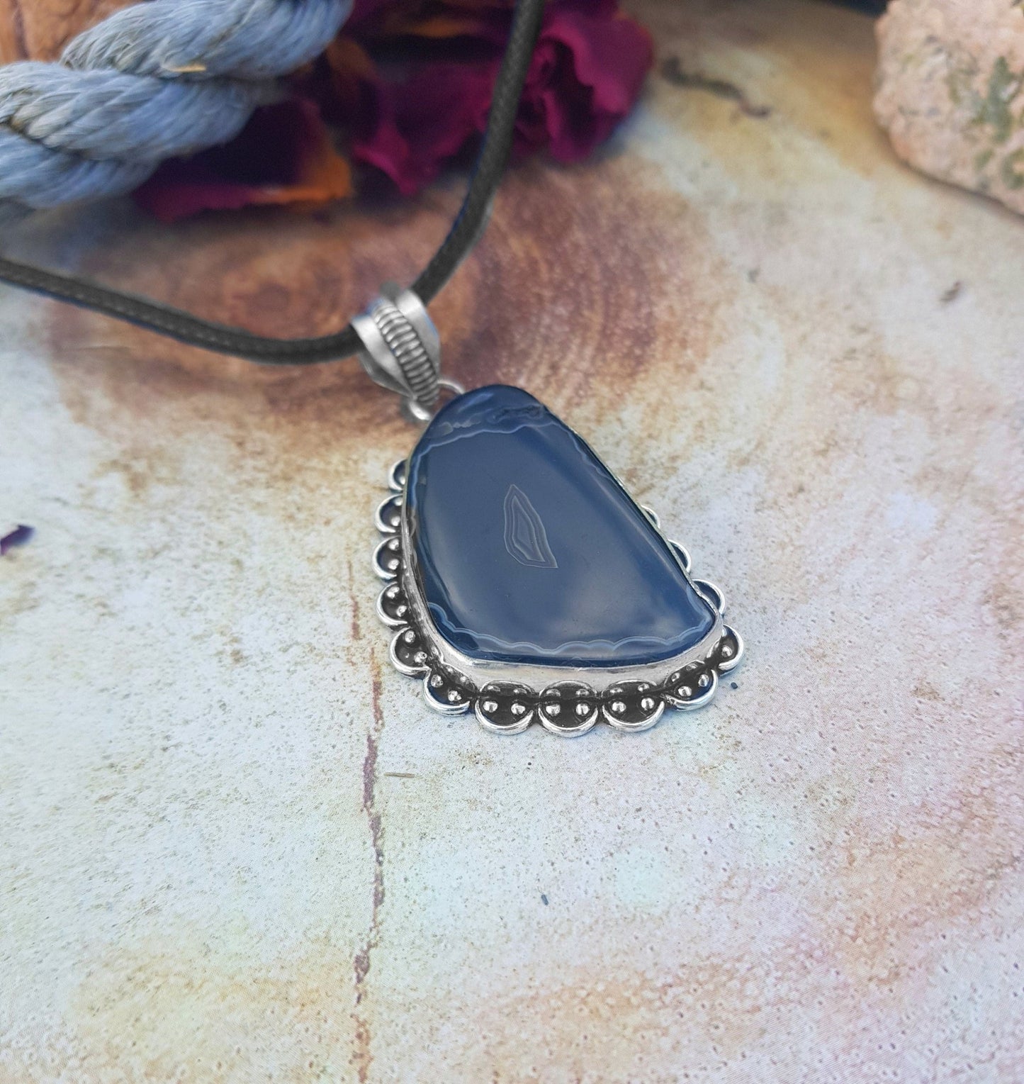 Botswana Agate Sterling Silver Pendant Necklace, Unique Boho Crystal - LunarGem - 