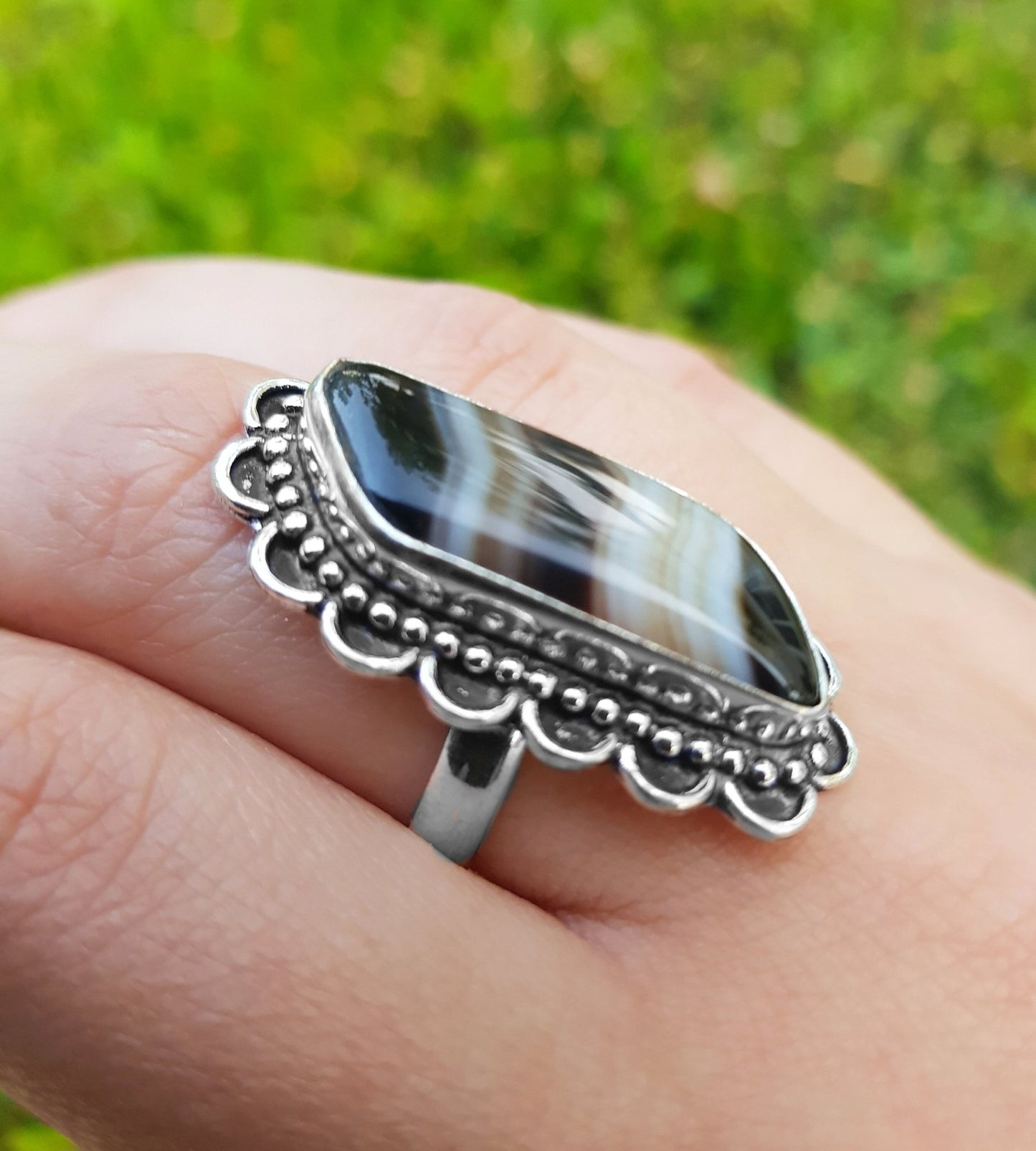 Botswana Agate Sterling Silver Ring - US Size 8.25 Statement Ring - LunarGem - 