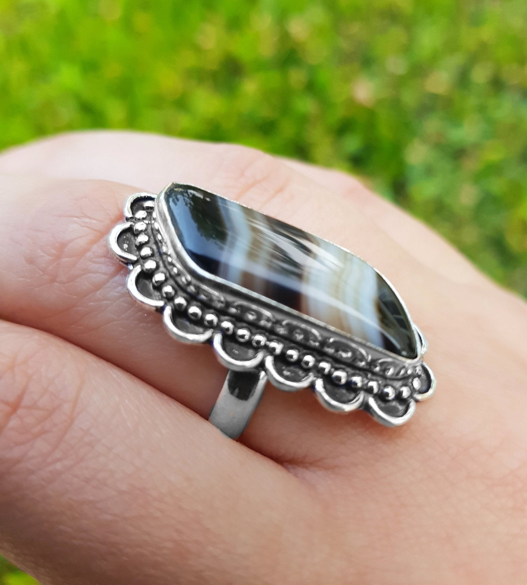 Botswana Agate Sterling Silver Ring - US Size 8.25 Statement Ring - LunarGem - 