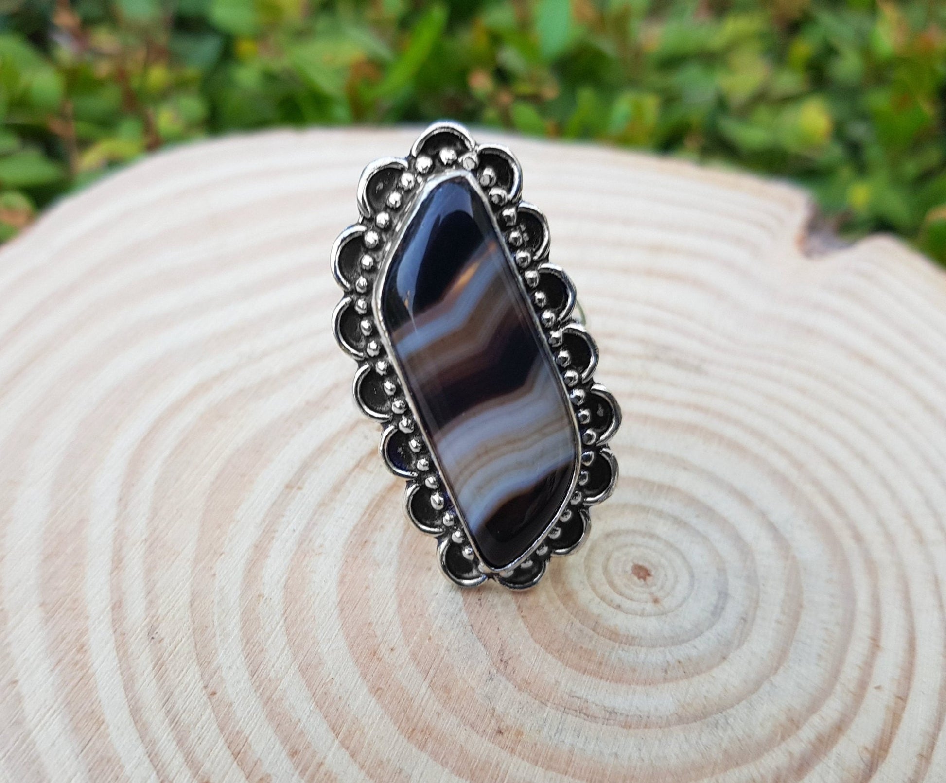 Botswana Agate Sterling Silver Ring - US Size 8.25 Statement Ring - LunarGem - 