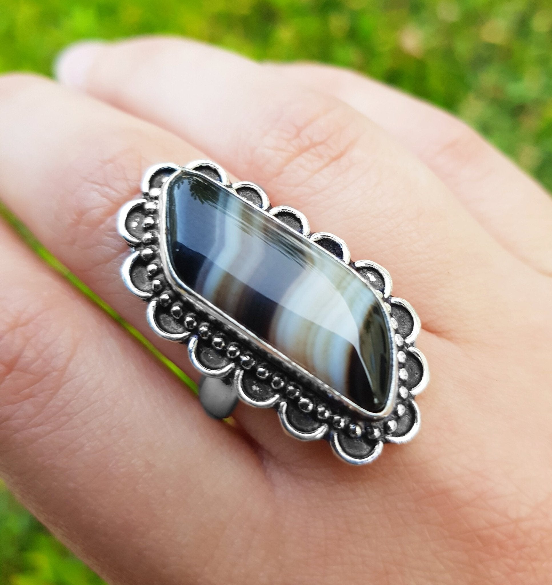 Botswana Agate Sterling Silver Ring - US Size 8.25 Statement Ring - LunarGem - 