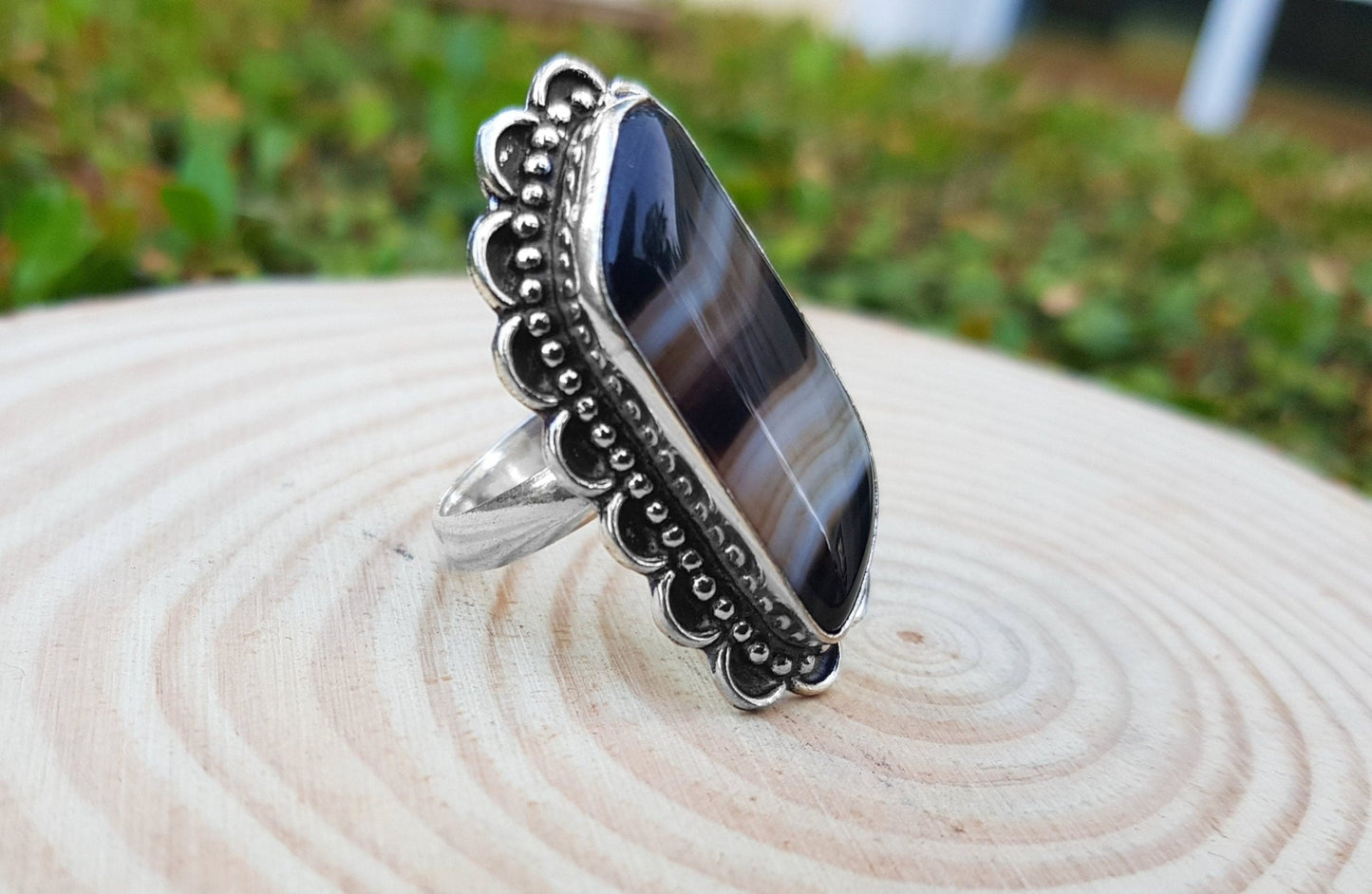 Botswana Agate Sterling Silver Ring - US Size 8.25 Statement Ring - LunarGem - 