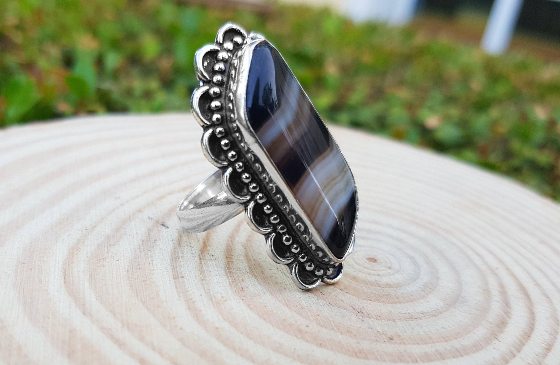 Botswana Agate Sterling Silver Ring - US Size 8.25 Statement Ring - LunarGem - 