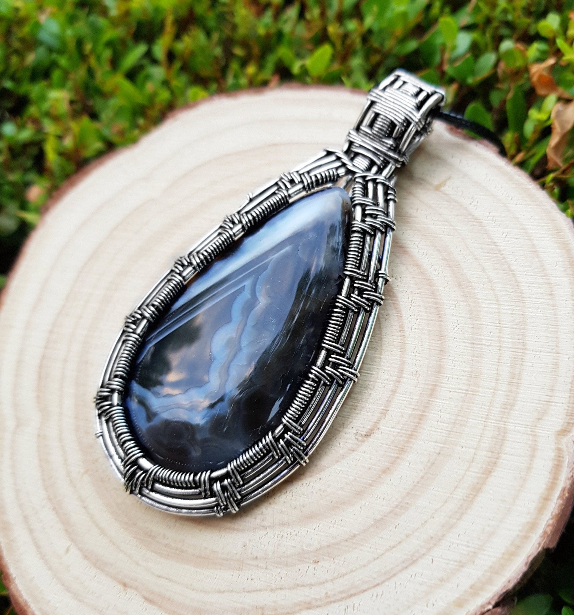Botswana Agate Sterling Silver Wire Wrapped Pendant: Handmade Boho Necklace - LunarGem - Charms & Pendants