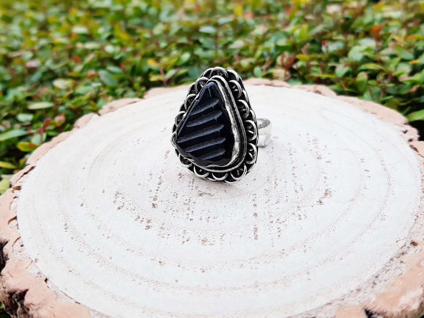 Carved Black Onyx Sterling Silver Ring Size US 7 1/2 Mens Ring Unisex Ring Boho Ring Gypsy Jewellery Statement Ring Unique Gift - LunarGem - Rings