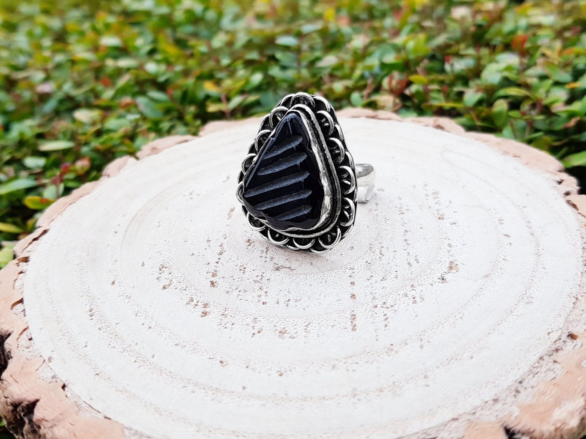 Carved Black Onyx Sterling Silver Ring Size US 7 1/2 Mens Ring Unisex Ring Boho Ring Gypsy Jewellery Statement Ring Unique Gift - LunarGem - Rings
