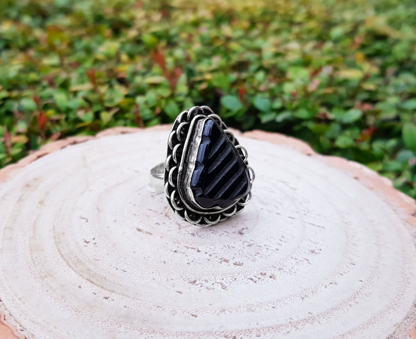 Carved Black Onyx Sterling Silver Ring Size US 7 1/2 Mens Ring Unisex Ring Boho Ring Gypsy Jewellery Statement Ring Unique Gift - LunarGem - Rings
