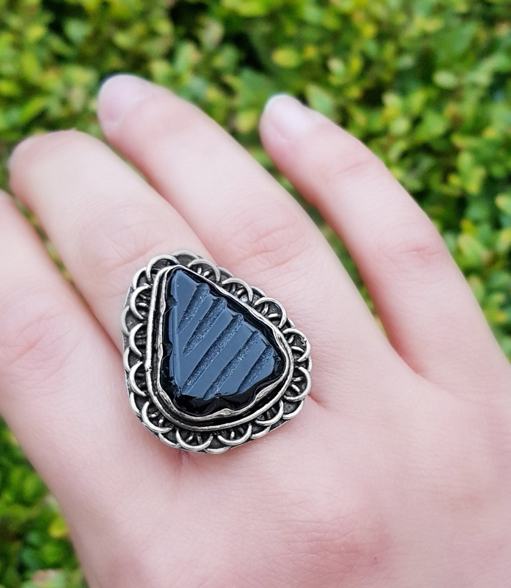 Carved Black Onyx Sterling Silver Ring Size US 7 1/2 Mens Ring Unisex Ring Boho Ring Gypsy Jewellery Statement Ring Unique Gift - LunarGem - Rings