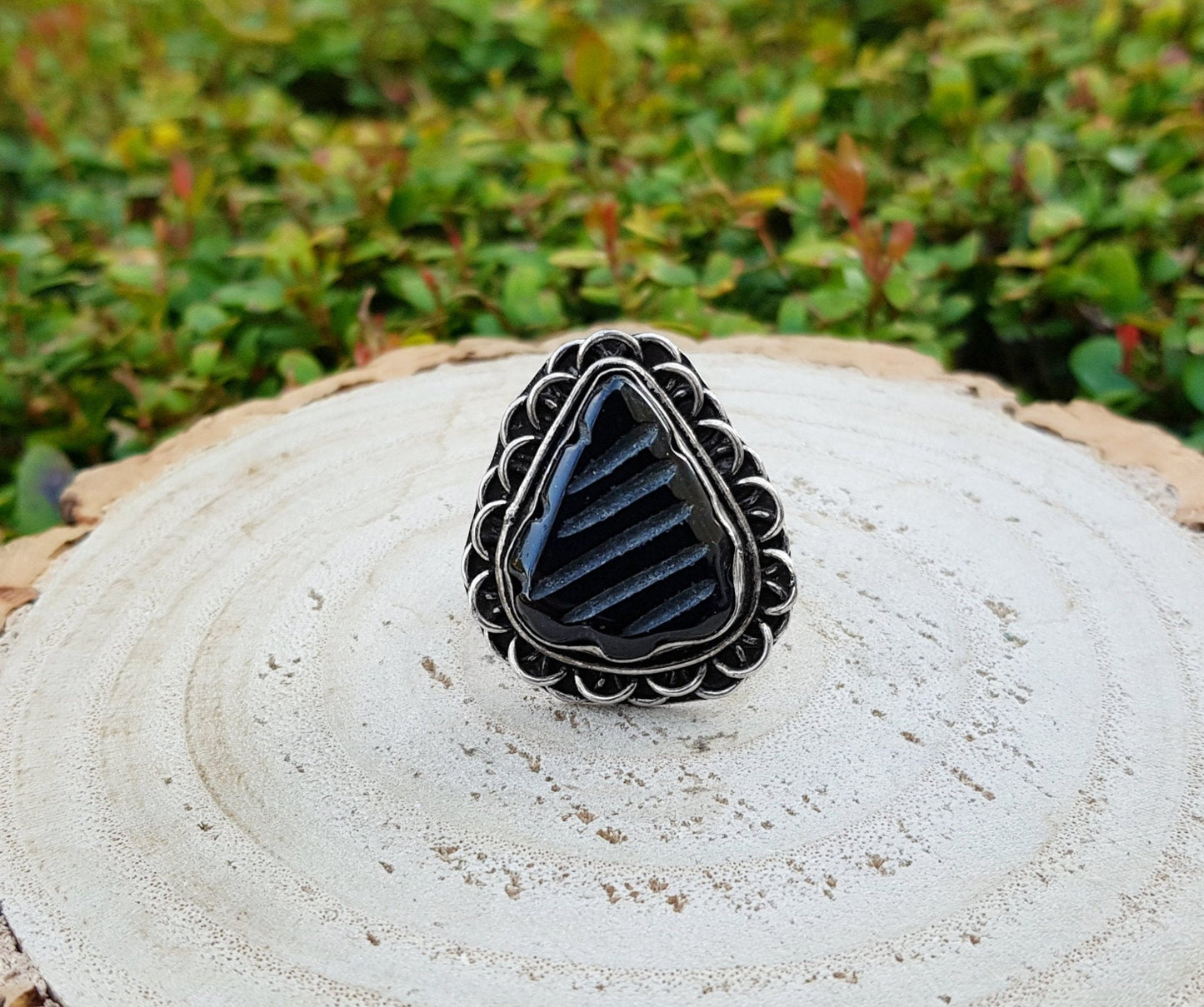 Carved Black Onyx Sterling Silver Ring Size US 7 1/2 Mens Ring Unisex Ring Boho Ring Gypsy Jewellery Statement Ring Unique Gift - LunarGem - Rings
