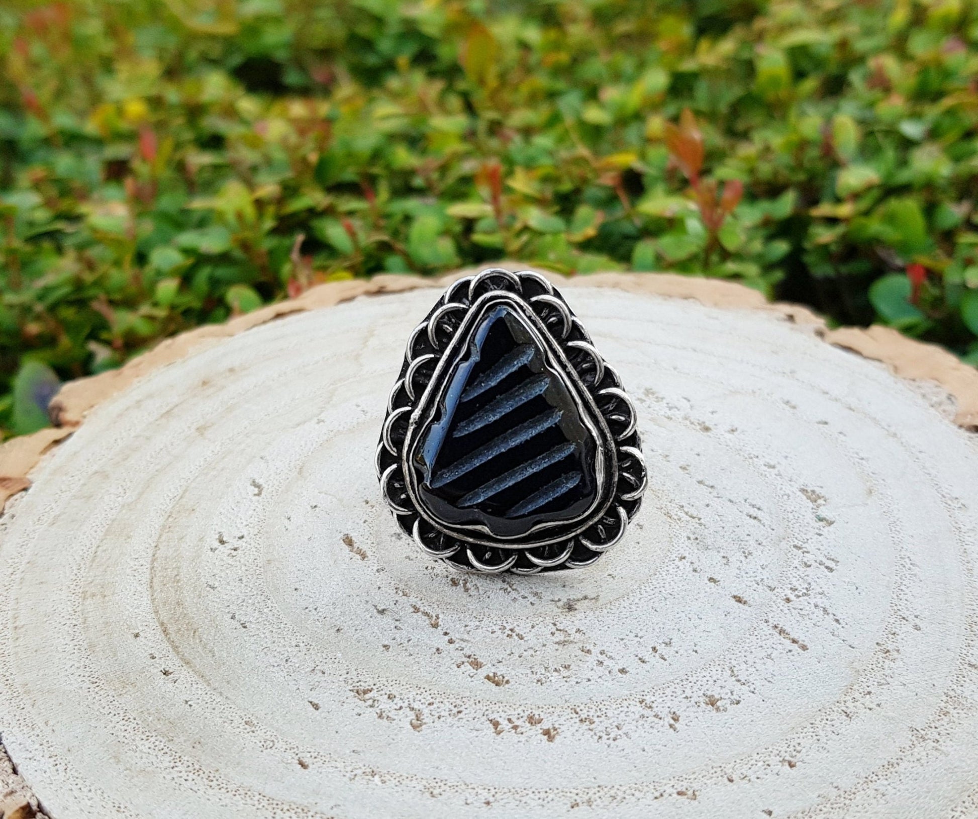 Carved Black Onyx Sterling Silver Ring Size US 7 1/2 Mens Ring Unisex Ring Boho Ring Gypsy Jewellery Statement Ring Unique Gift - LunarGem - Rings